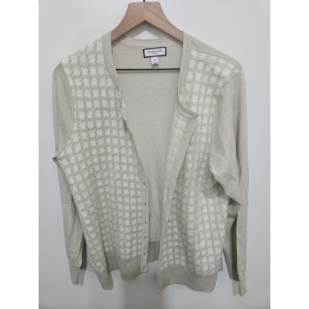 Charter Club Woman Metallic Grid Knit Button Front Cardigan Gold Ivory 2X